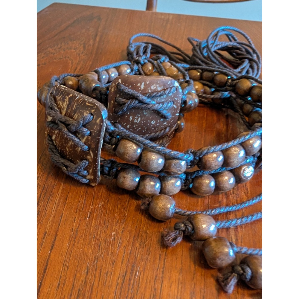 Vintage Y2K Wood Bead Coconut Shell Tie Belt Brown Boho Hippie Festival Nature